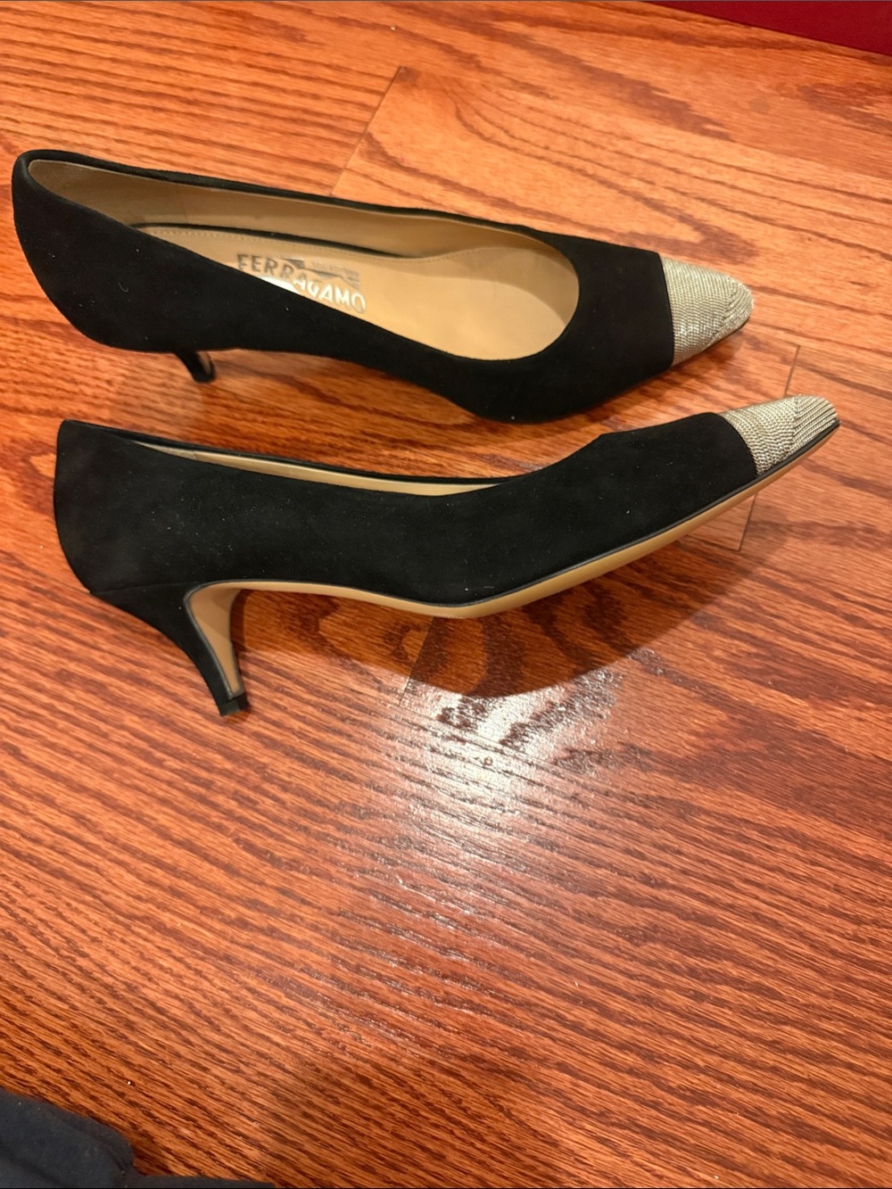 Salvatore Ferragamo Black Pumps with Metallic Silver Cap Toe